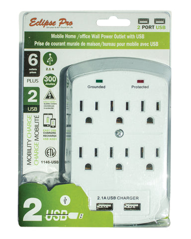 6 Outlet Wall Tap W/2 USB 2.1a