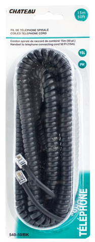 Black Coiled Telephone Cord, 50ft