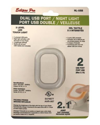 Dual USB ports 2.1a – 3 Level LED Touch Night Light